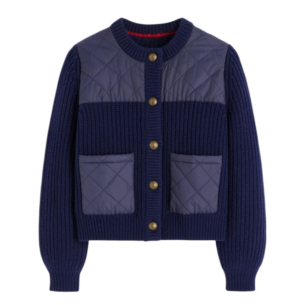Boden Short Quilted Knitted Jacket Navy Wool Blend US 8 NWT